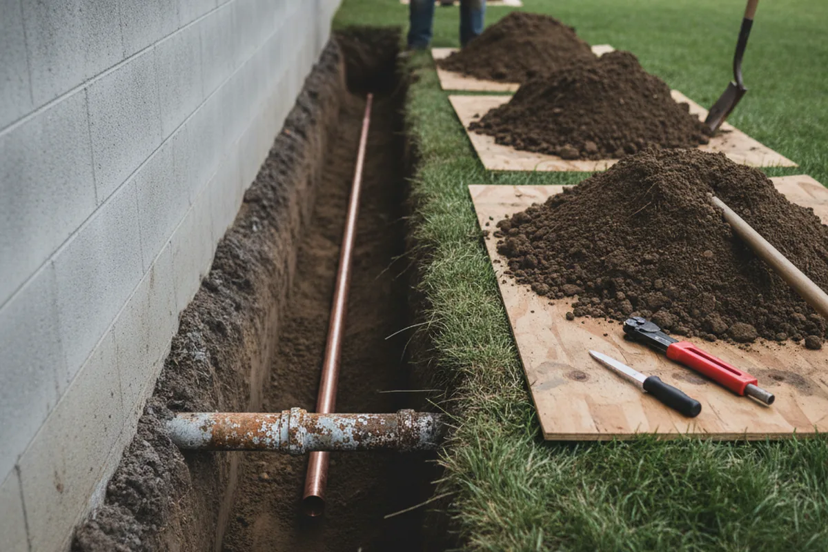 Excavated water line trench during Water Softener Installation in Carolina
